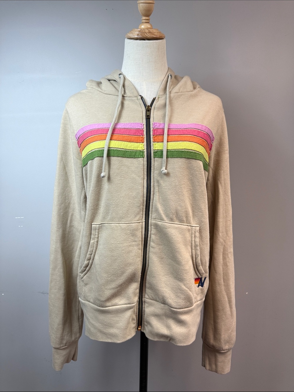 Aviator Nation Tan 5 Stripe Hoodie featuring a rainbow stripe - Small - Picture 2 of 5